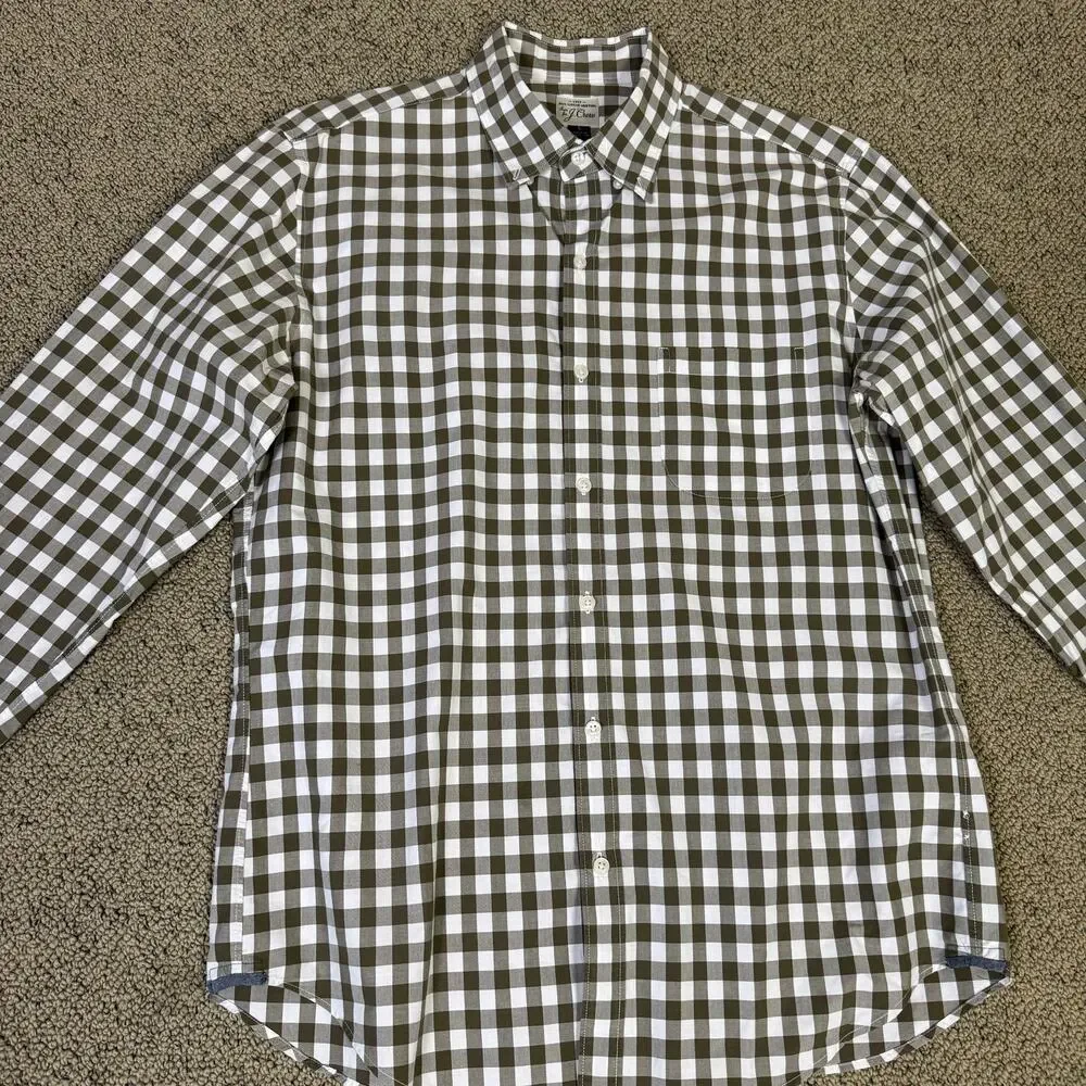 J.Crew Shirt Mens L Green White Gingham Long Sleeve Button Down Cotton Preppy